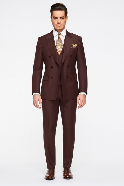 Double Breasted Suits - Vested Suits - Solid Brown Suit - Vested 3 Piece Modern Fit Suit