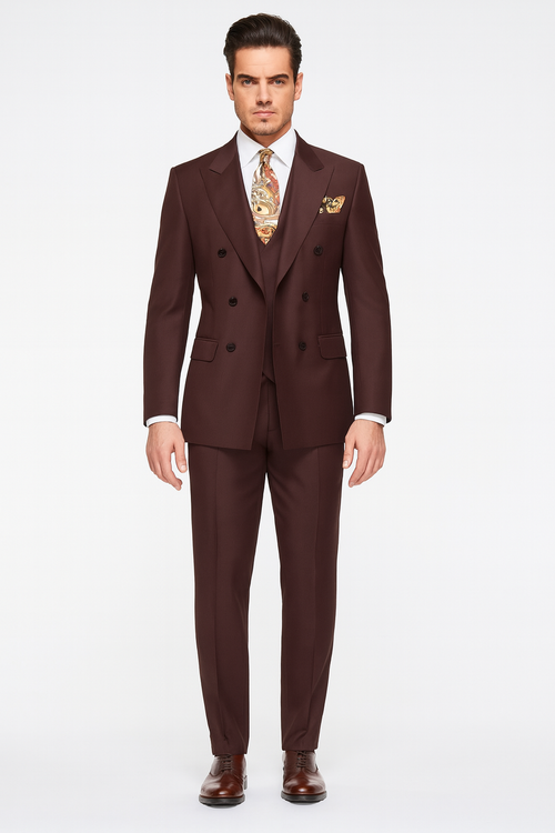 Double Breasted Suits - Vested Suits - Solid Brown Suit - Vested 3 Piece Modern Fit Suit