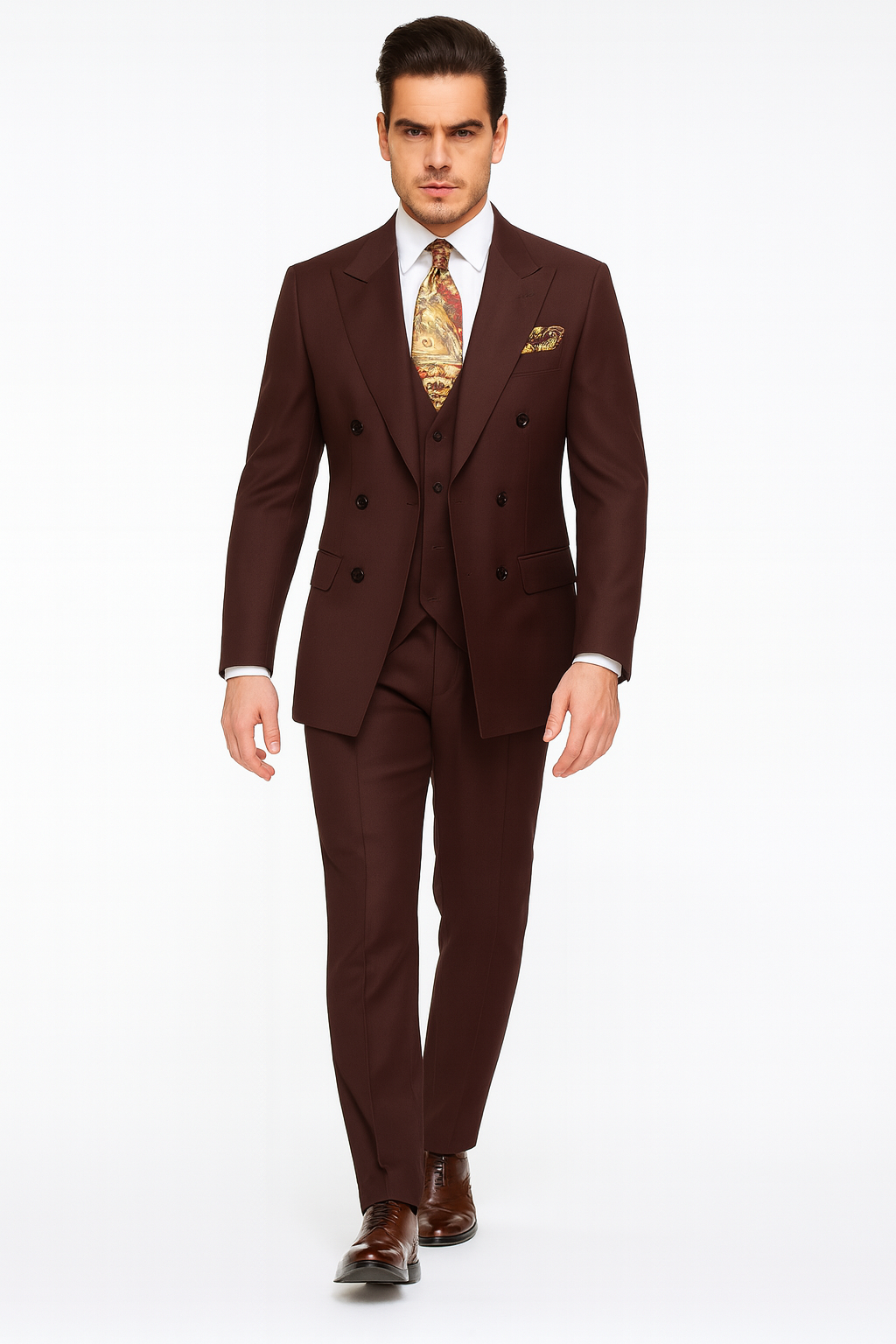 Double Breasted Suits - Vested Suits - Solid Brown Suit - Vested 3 Piece Modern Fit Suit