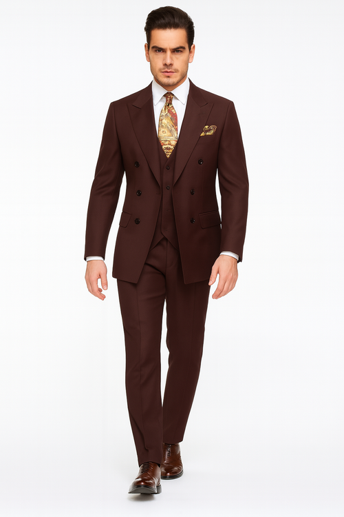 Double Breasted Suits - Vested Suits - Solid Brown Suit - Vested 3 Piece Modern Fit Suit