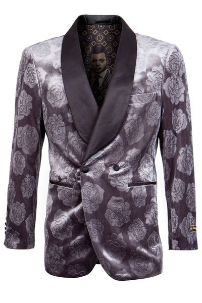 Designer Gray Prom Tuxedo - Grey Wedding Tuxedo Floral Jacket