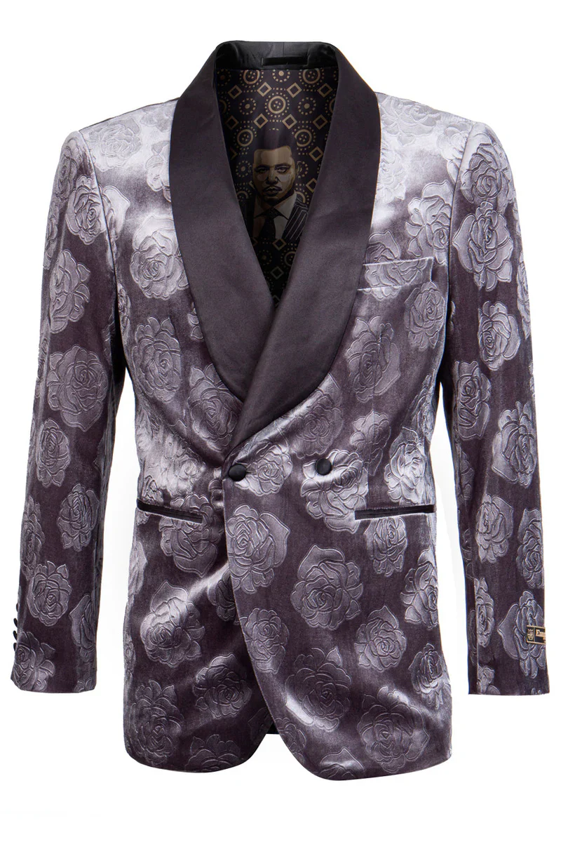 Designer Gray Prom Tuxedo - Grey Wedding Tuxedo Floral Jacket