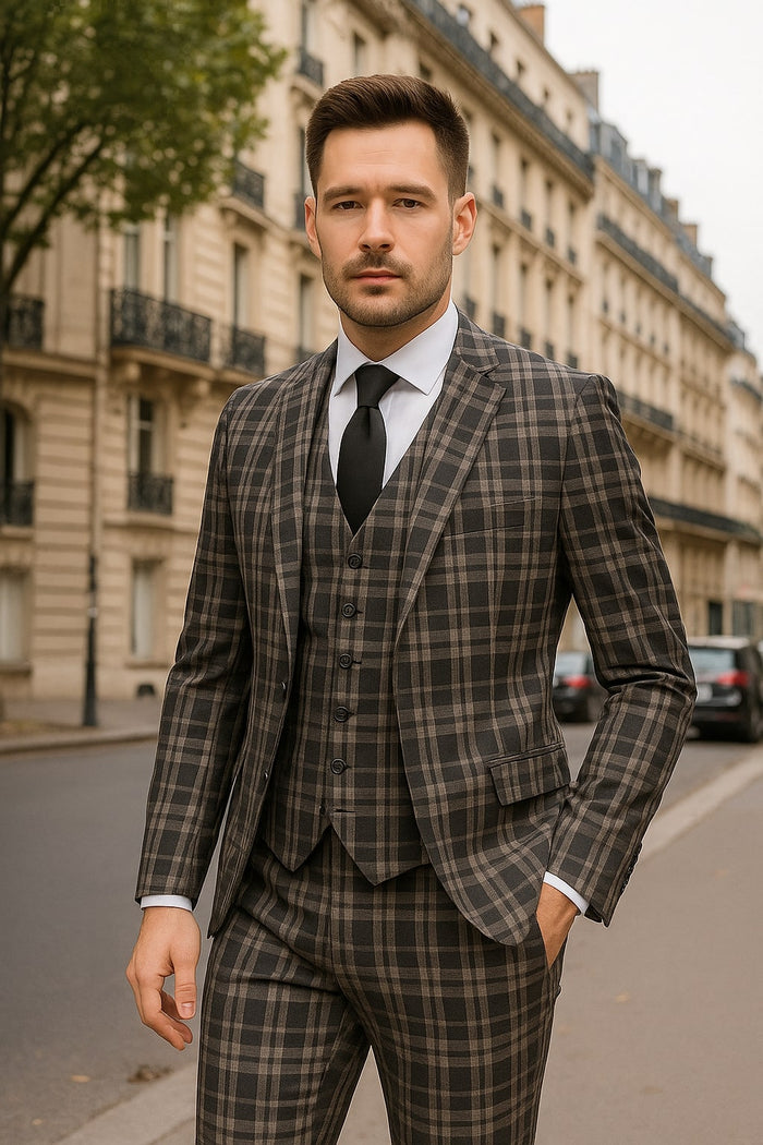 Men's Black and White Plaid Three-Piece Suit - Modern Slim Fit Tuxedo for Church and Business by USA Men's Outlet