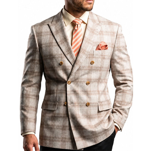 Men's Tan Double Breasted Windowpane Stretch Blazer