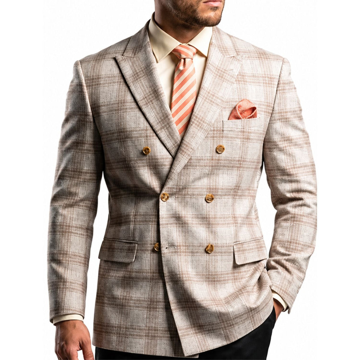 Men's Tan Double Breasted Windowpane Stretch Blazer