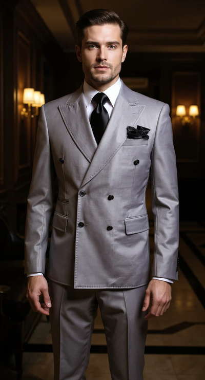 Rossi Man Light Grey Mens Double Breasted Suit Slim Fit Gold Buttons