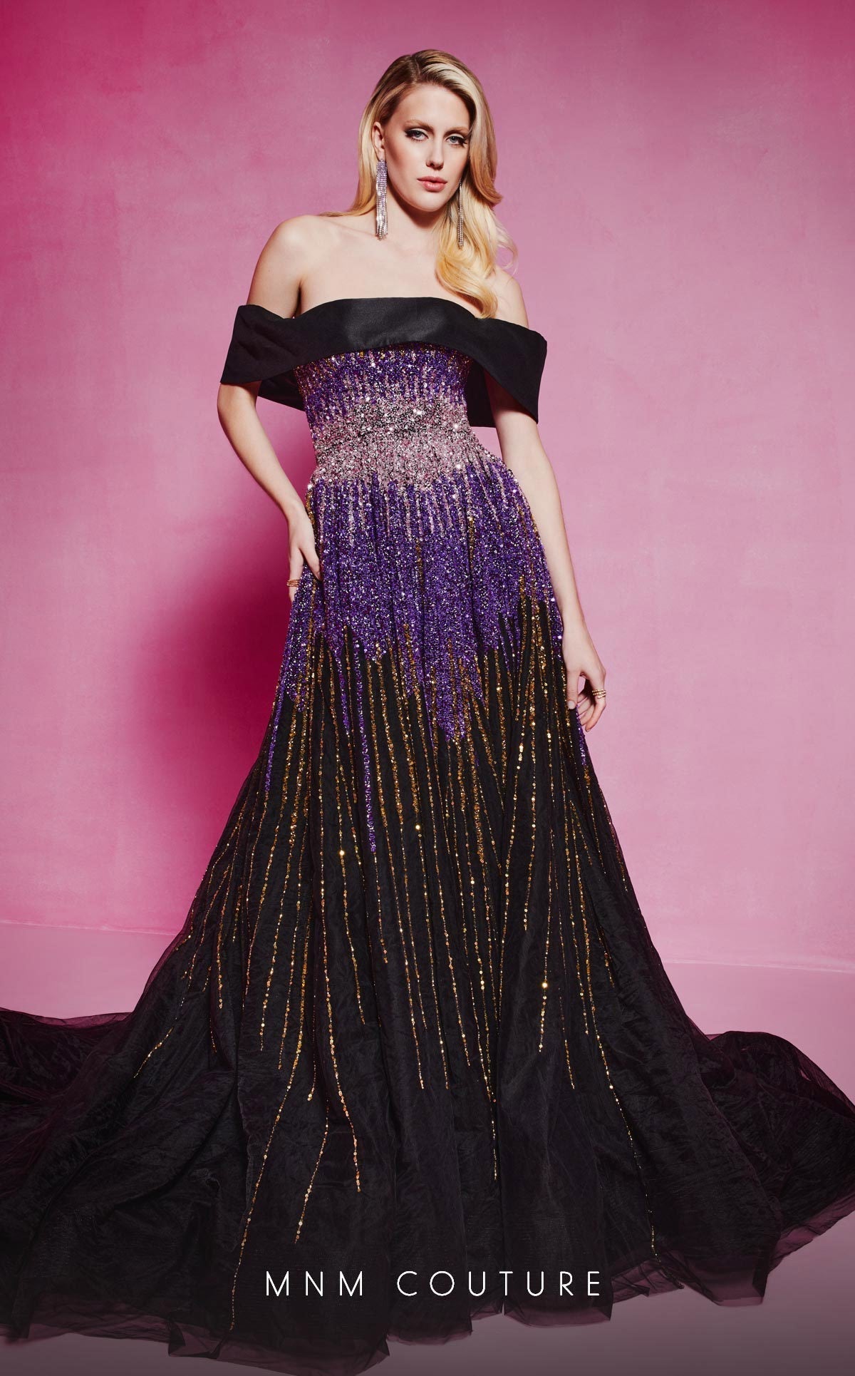 MNM Couture B1009 Sequin Off-Shoulder Evening Gown in Purple