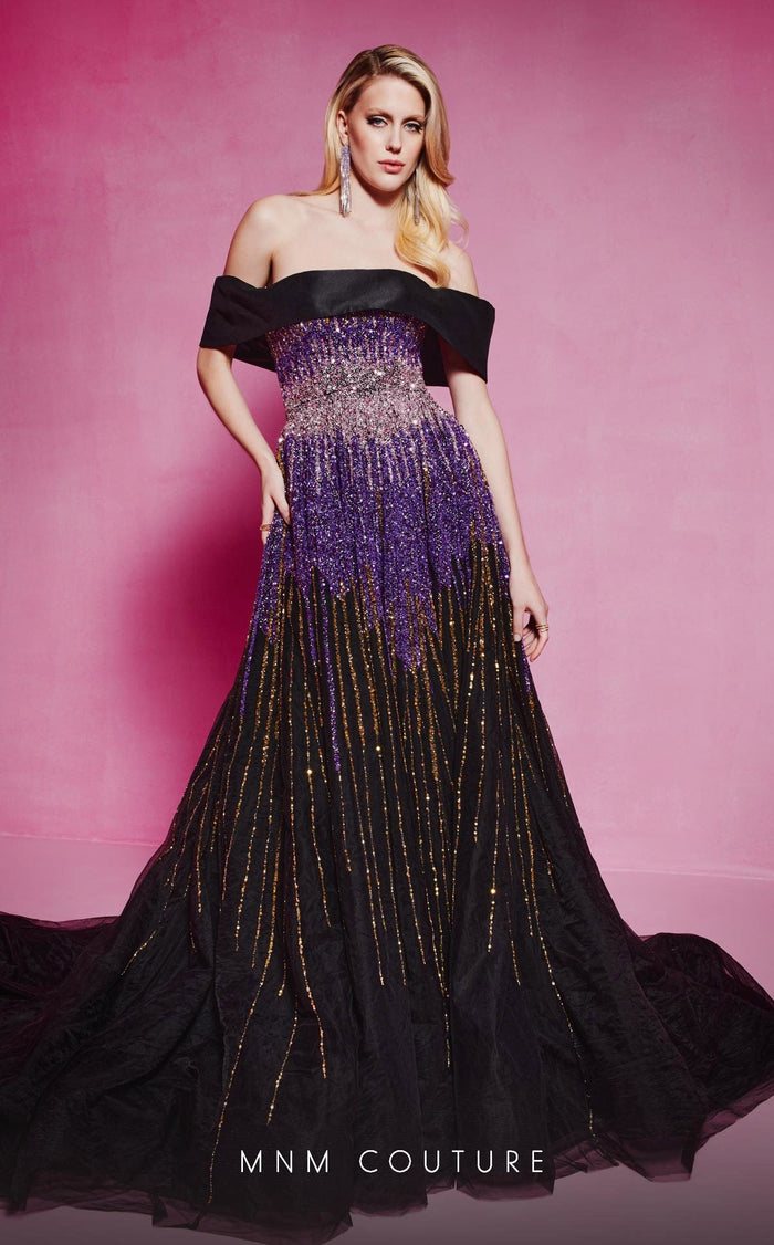 MNM Couture B1009 Sequin Off-Shoulder Evening Gown in Purple