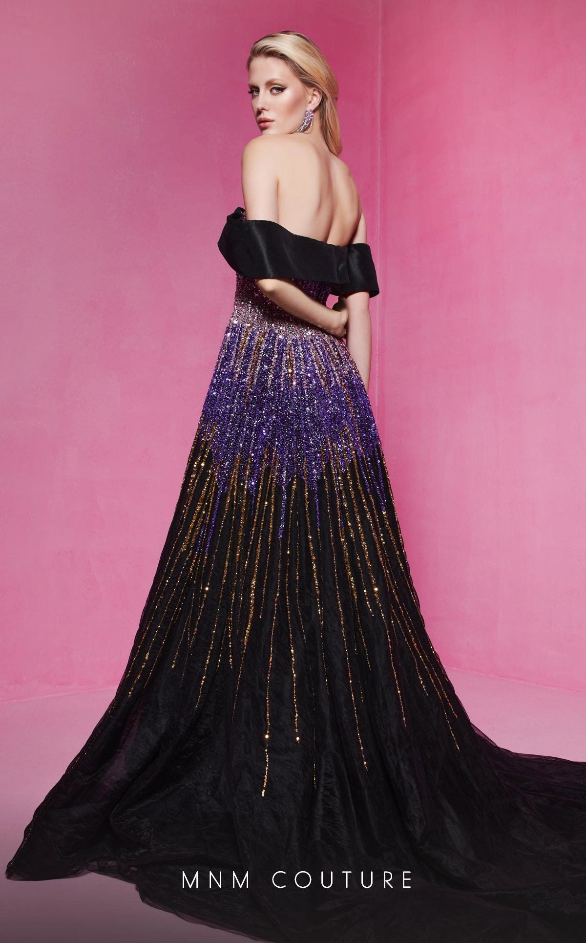 MNM Couture B1009 Sequin Off-Shoulder Evening Gown in Purple