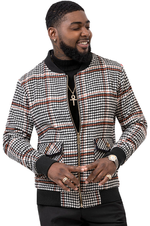 Men's Modern Fit Bomber Jacket inBlack & White Plaid Houndstooth