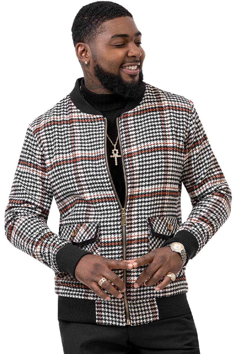Men's Modern Fit Bomber Jacket inBlack & White Plaid Houndstooth – SuitUSA