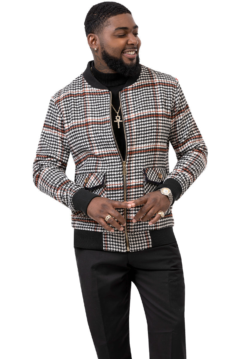 Men's Modern Fit Bomber Jacket inBlack & White Plaid Houndstooth