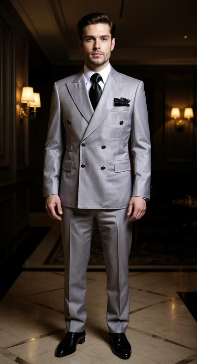 Rossi Man Light Grey Mens Double Breasted Suit Slim Fit Gold Buttons