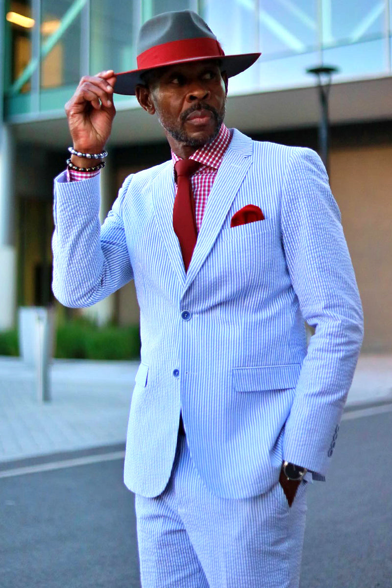 Mens Classic Summer Seersucker Pinstripe Suit in Blue