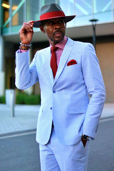 Mens Classic Summer Seersucker Pinstripe Suit in Blue