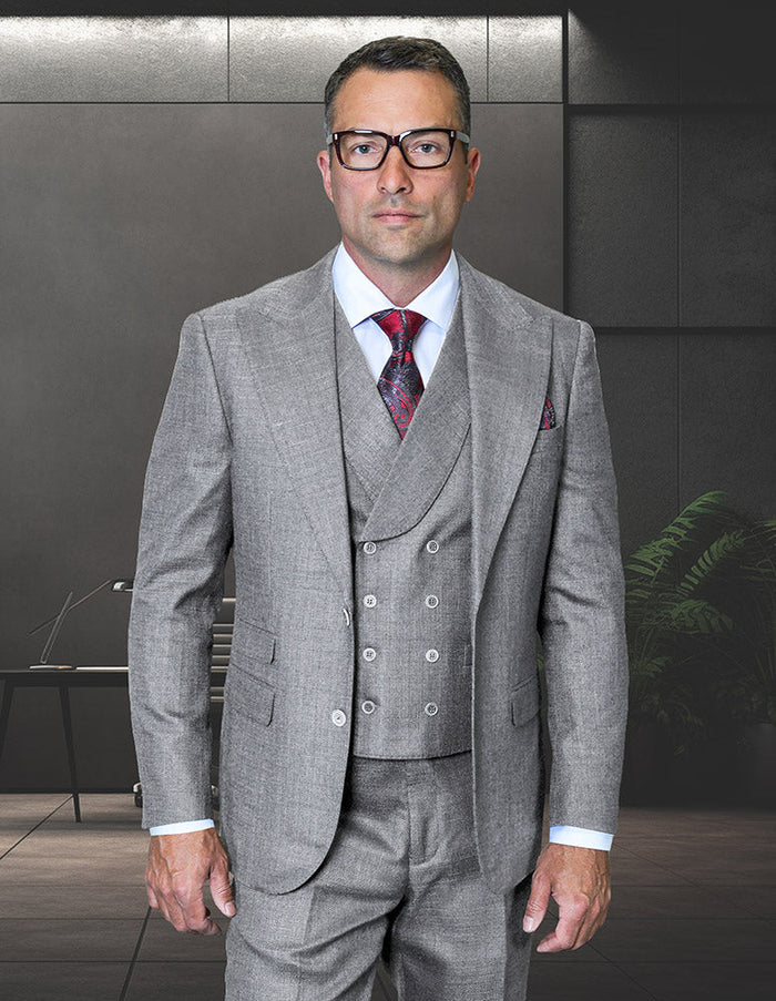 Mens Ticket Pocket Peak Lapel Double breasted Vest 100% Wool Tom Ford Style Modern Fit in Color "Grey" By Statement
