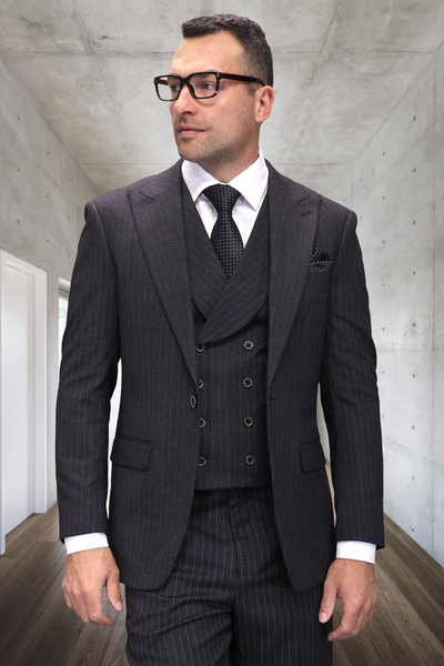 Men's Black Pinstripe Vested Suit with One Button Closure
