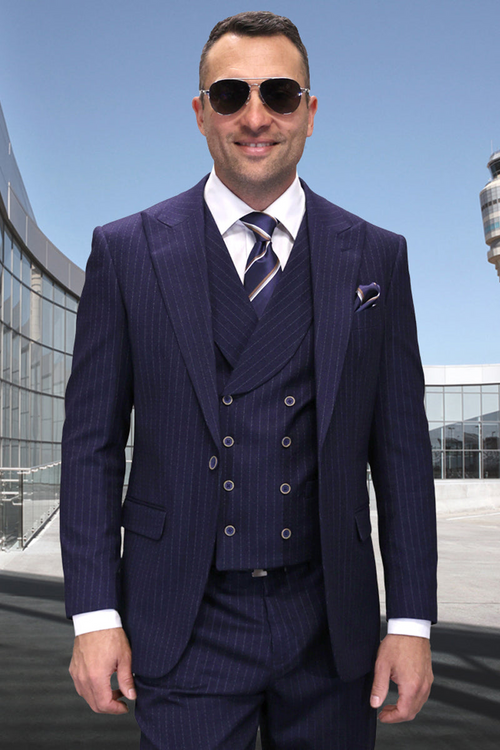 Men's Navy Blue Pinstripe Vested Suit