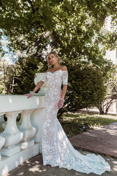 Tina Holly BB009 Wedding Mermaid Off-Shoulder Beaded Flowy Sequin Dress