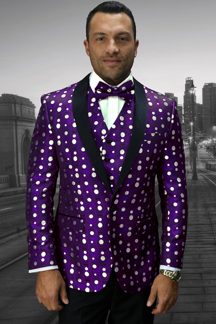 Men's Purple Polka Dot Vested Prom Tuxedo
