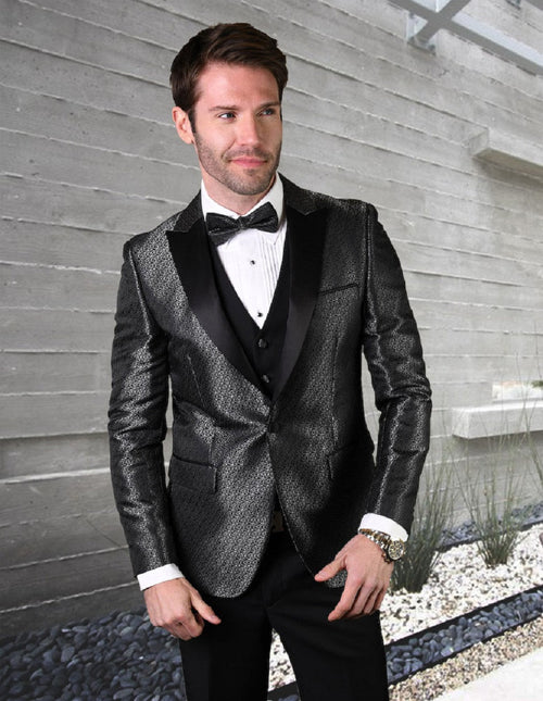 Mens Vested Peak Lapel Shiny Pattern Tuxedo in Black by Statement