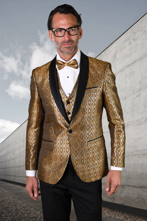 Men's Gold Diamond Print Vested Tuxedo for Formal Events
