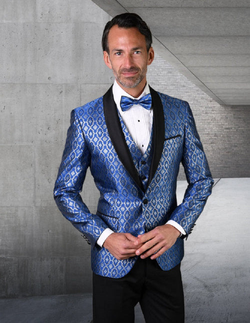 Mens Vested Shiny Diamond Print Tuxedo in Royal Blue by USA Men's Outlet