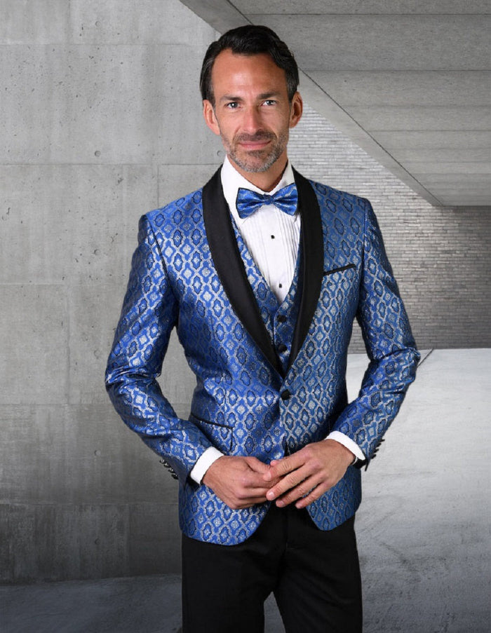 Mens Vested Shiny Diamond Print Tuxedo in Royal Blue by USA Men's Outlet
