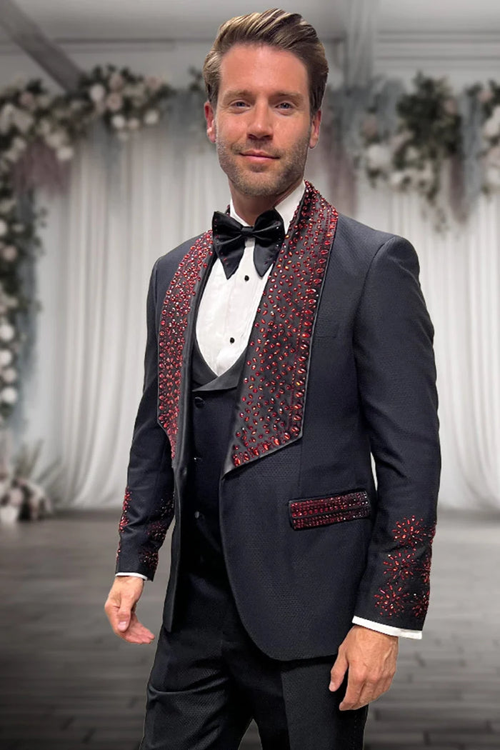 Men's Designer Vested Wool Studded Shawl Lapel Prom & Wedding Tuxedo in Black