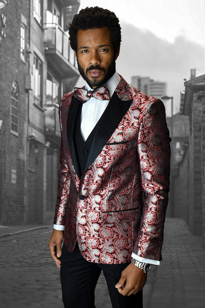 Men's Red Paisley Satin Vested Tuxedo