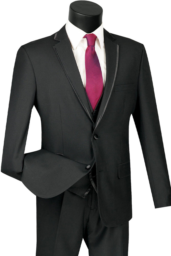 Mens Slim Vested Tuxedo Suit with Satin Trim in Burgundy by Vinci