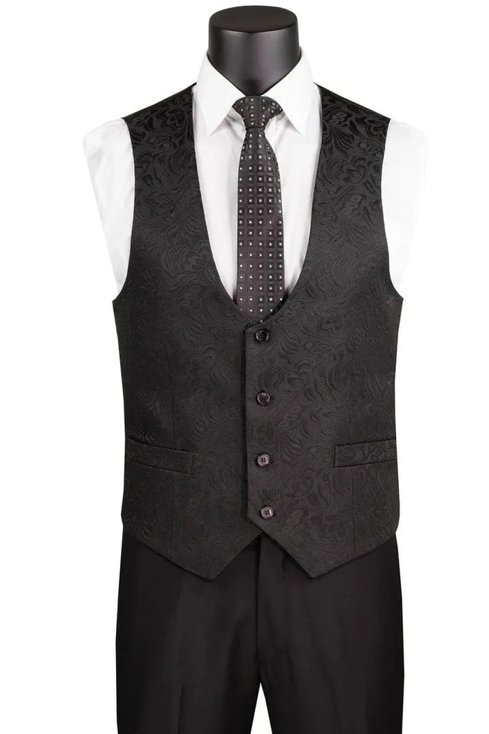 Black Prom Tuxedo Suit - Black Wedding Suit - Men's Slim Fit Vested Paisley Wedding Tuxedo