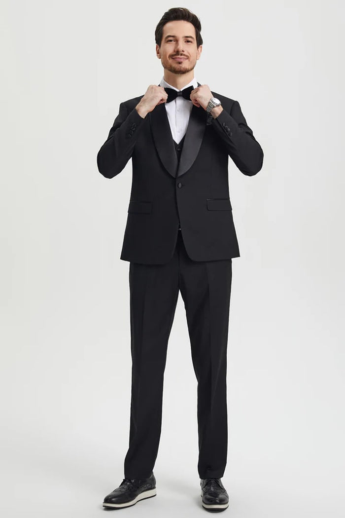 Black Prom Tuxedo Suit - Black Wedding Suit - Men's Stacy Adams Vested One Button Shawl Lapel Designer Tuxedo PROMTUXEDO