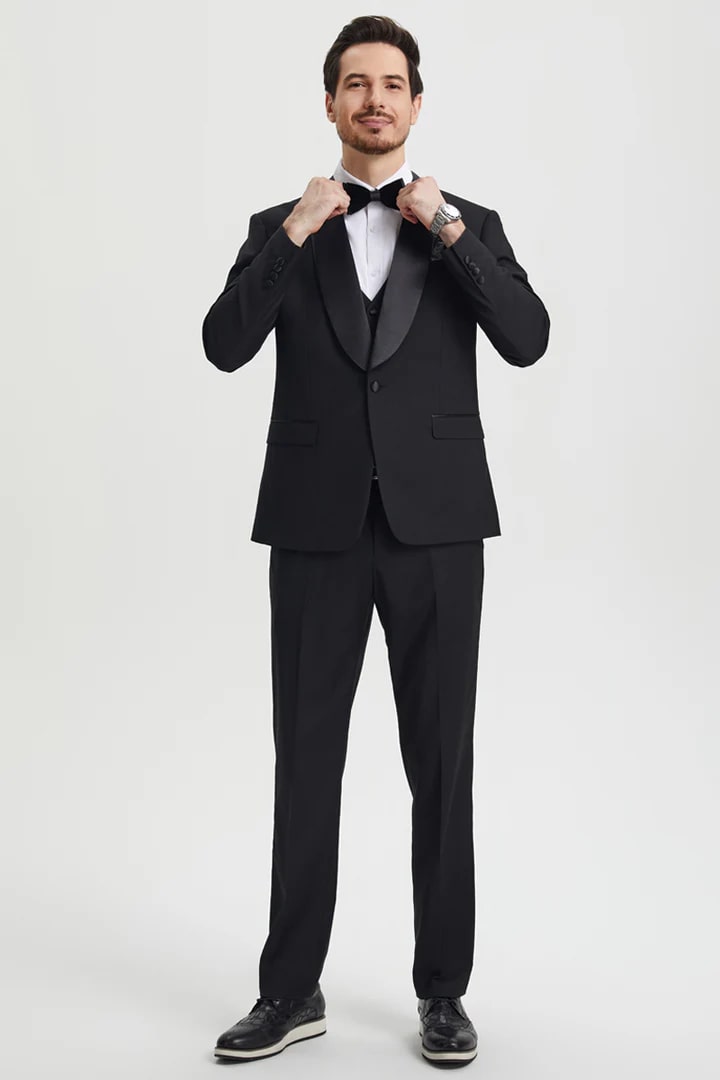 Black  Prom Tuxedo Suit - Black  Wedding Suit - Men's Stacy Adams Vested One Button Shawl Lapel Designer Tuxedo