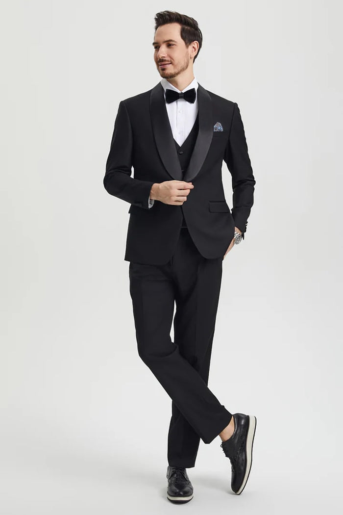 Black Prom Tuxedo Suit - Black Wedding Suit - Men's Stacy Adams Vested One Button Shawl Lapel Designer Tuxedo PROMTUXEDO