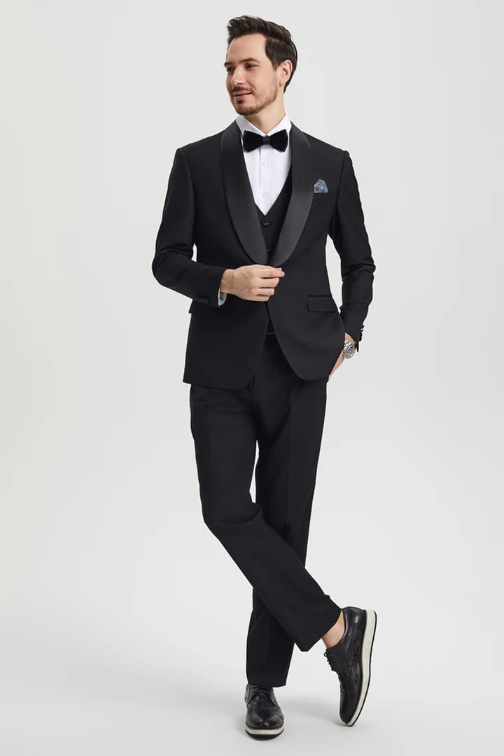 Black  Prom Tuxedo Suit - Black  Wedding Suit - Men's Stacy Adams Vested One Button Shawl Lapel Designer Tuxedo