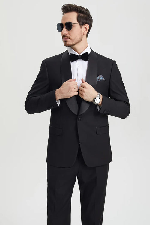 Black  Prom Tuxedo Suit - Black  Wedding Suit - Men's Stacy Adams Vested One Button Shawl Lapel Designer Tuxedo