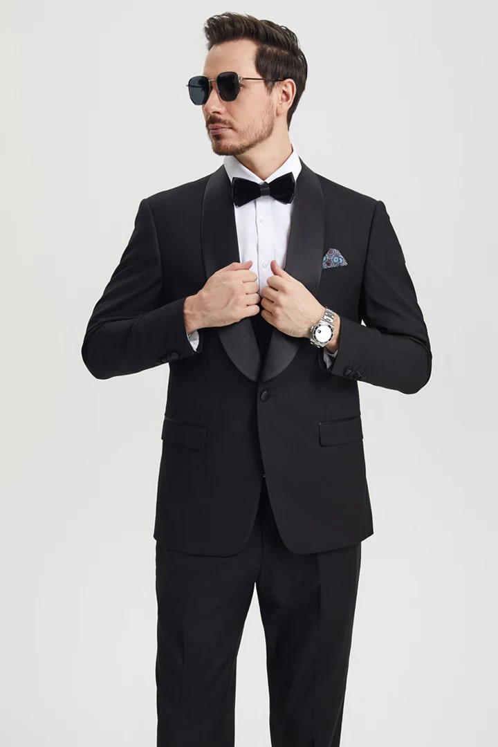 Black  Prom Tuxedo Suit - Black  Wedding Suit - Men's Stacy Adams Vested One Button Shawl Lapel Designer Tuxedo – SuitUSA