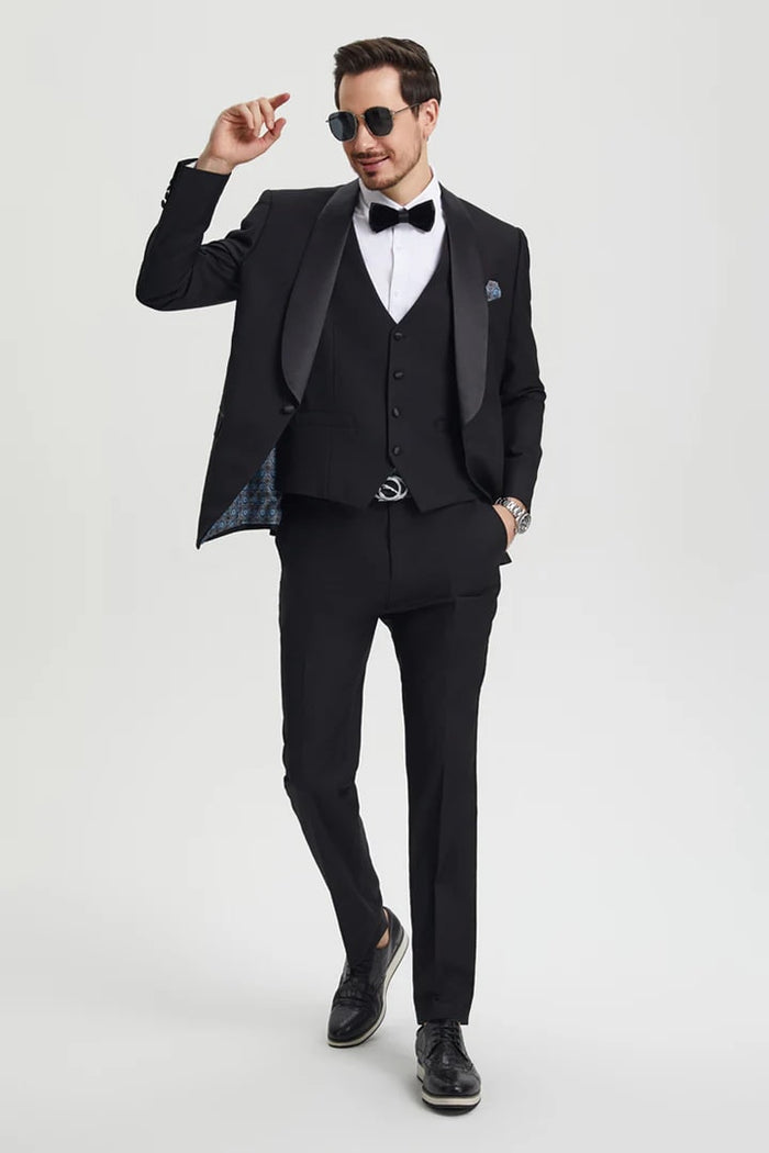 Black Prom Tuxedo Suit - Black Wedding Suit - Men's Stacy Adams Vested One Button Shawl Lapel Designer Tuxedo PROMTUXEDO