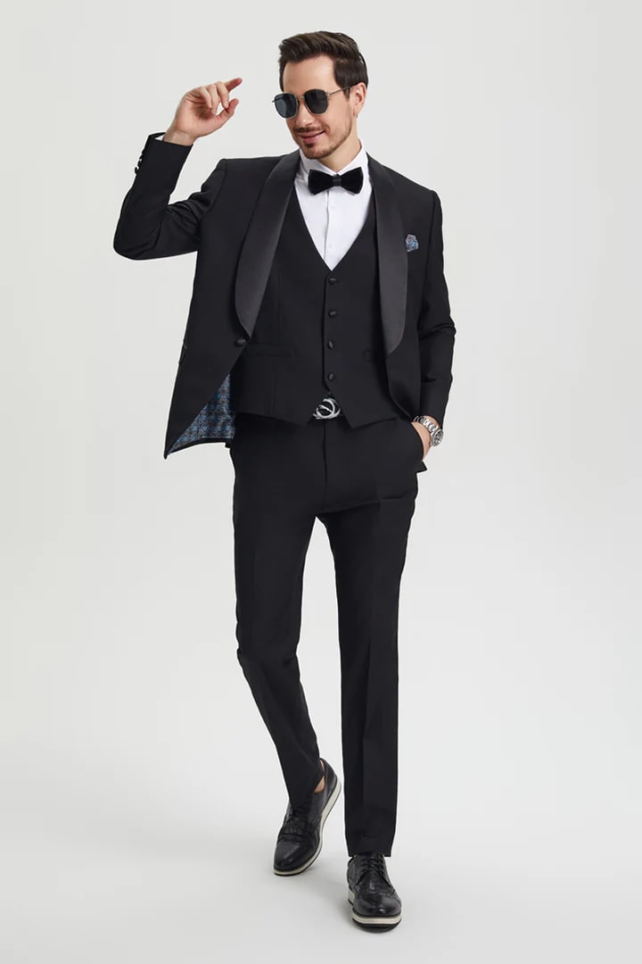 Black  Prom Tuxedo Suit - Black  Wedding Suit - Men's Stacy Adams Vested One Button Shawl Lapel Designer Tuxedo