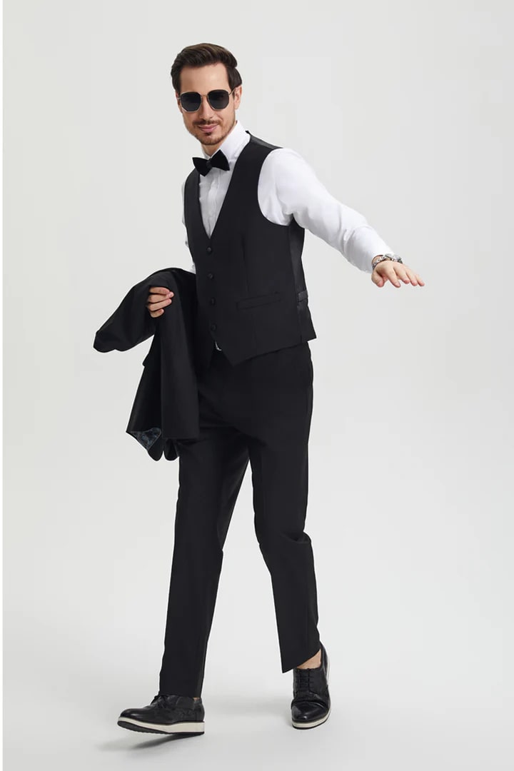 Black  Prom Tuxedo Suit - Black  Wedding Suit - Men's Stacy Adams Vested One Button Shawl Lapel Designer Tuxedo