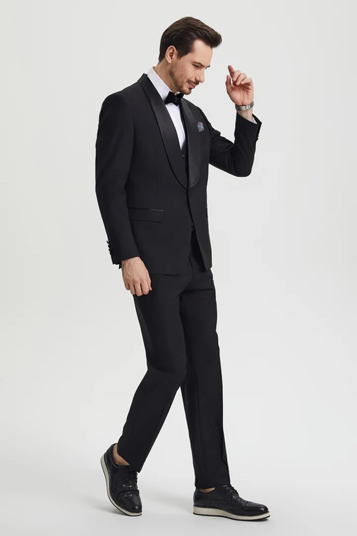 Black Prom Tuxedo Suit - Black Wedding Suit - Men's Stacy Adams Vested One Button Shawl Lapel Designer Tuxedo PROMTUXEDO