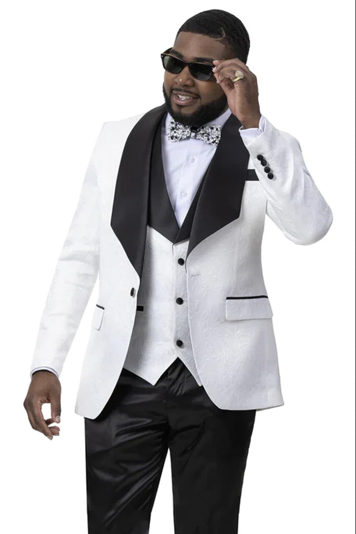 White / Black Prom Tuxedo Suit -White / Black Wedding Suit - Mens Vested Square Shawl Paisley Prom & Wedding Tuxedo