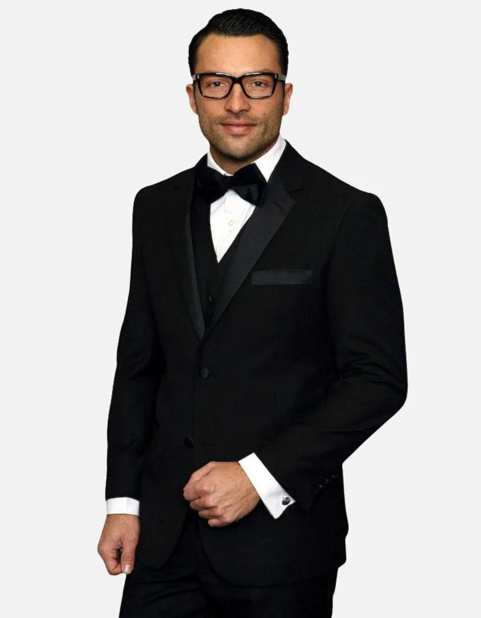 Statement Men's Black with Black Lapel Vest 100% Wool Tuxedo - Men's Tuxedo USA – SuitUSA