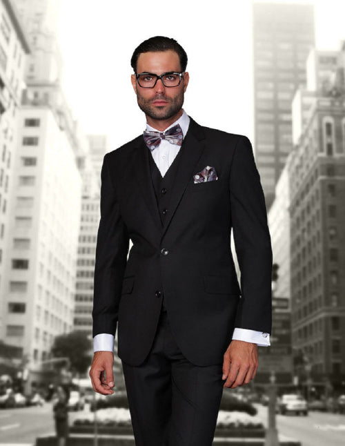 Mens 2 Button Modern Fit Vested Wool Suit in Black by Statement
