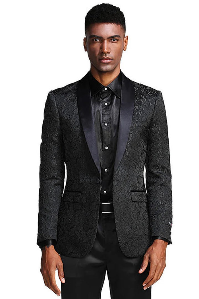 Black Prom Tuxedo Suit - Black Wedding Suit - Men's Slim Fit Wedding & Prom Tonal Paisley Tuxedo Jacket