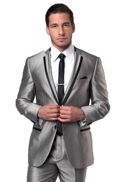 Grey/Black Prom Tuxedo Suit - Grey/Black Wedding Suit - Men's Two Button Slim Fit Wedding & Prom Tuxedo Suit In Shiny Silver Sharkskin With Black Piping by PROMTUXEDO