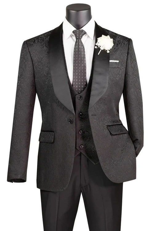 Black  Prom Tuxedo Suit - Black Wedding Suit - Men's Slim Fit Vested Paisley Wedding Tuxedo