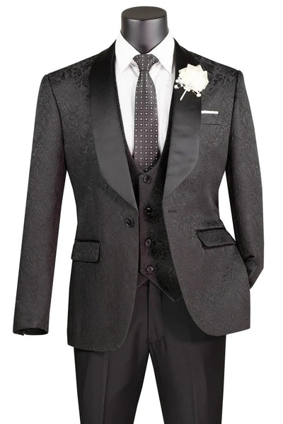 Black  Prom Tuxedo Suit - Black Wedding Suit - Men's Slim Fit Vested Paisley Wedding Tuxedo