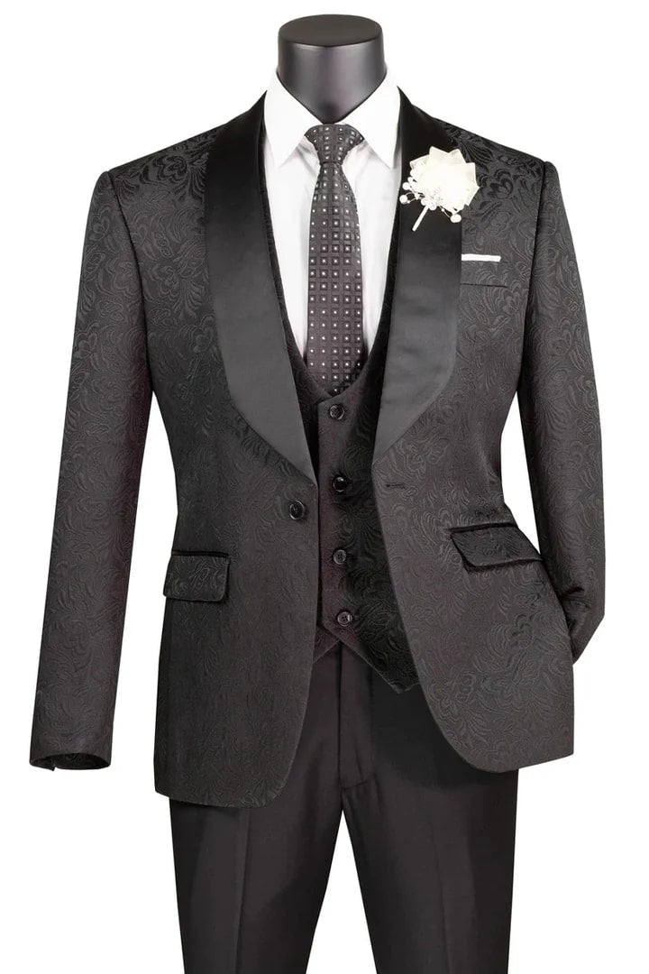 Black  Prom Tuxedo Suit - Black Wedding Suit - Men's Slim Fit Vested Paisley Wedding Tuxedo